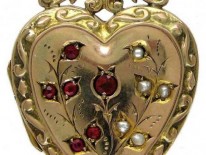 Heart-Shaped Gold Locket with Garnet & Pearl Decorative Features