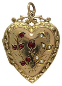Heart-Shaped Gold Locket with Garnet & Pearl Decorative Features