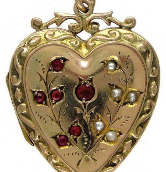 Heart-Shaped Gold Locket with Garnet & Pearl Decorative Features