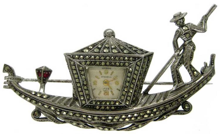1950s Marcasite & Silver Gondola Watch Brooch
