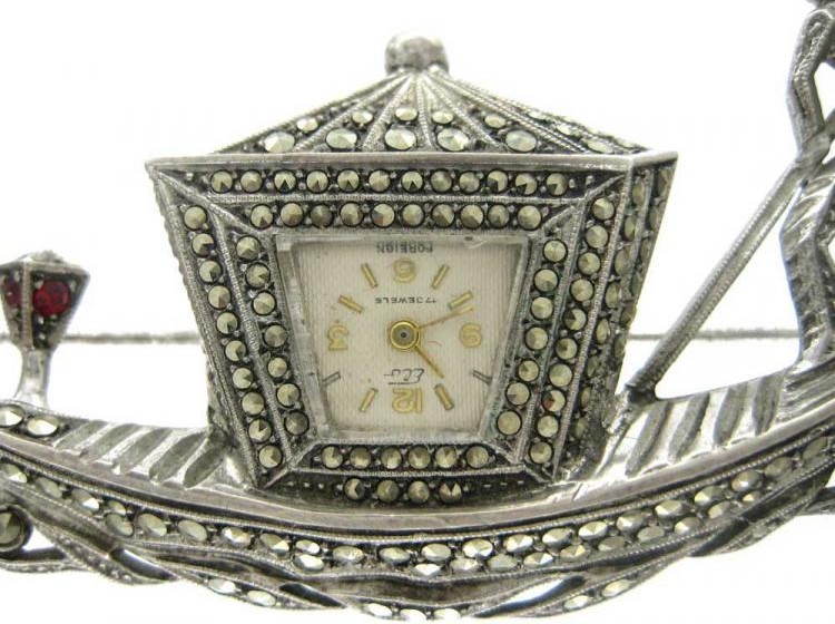 1950s Marcasite & Silver Gondola Watch Brooch