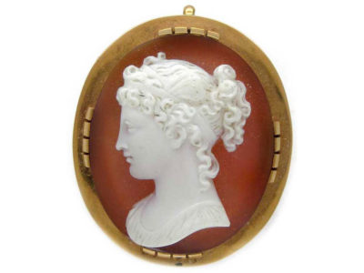 French 19th Century 18ct Gold Carved Hardstone Cameo of Lady's Head