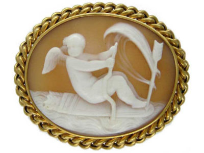 Victorian 18ct Gold, Carved Shell Cameo of a Cherub in a Boat