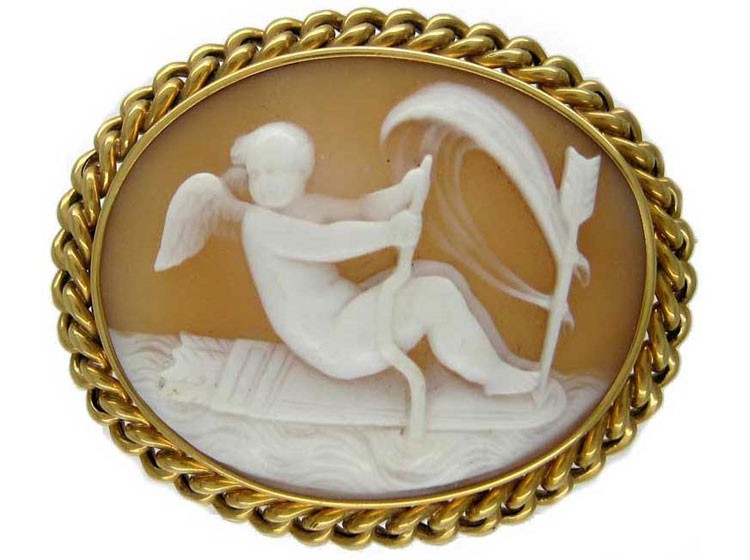 Victorian 18ct Gold, Carved Shell Cameo of a Cherub in a Boat