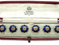 Victorian 18ct Gold & Blue Enamel Buttons in Original Case