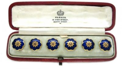 Victorian 18ct Gold & Blue Enamel Buttons in Original Case