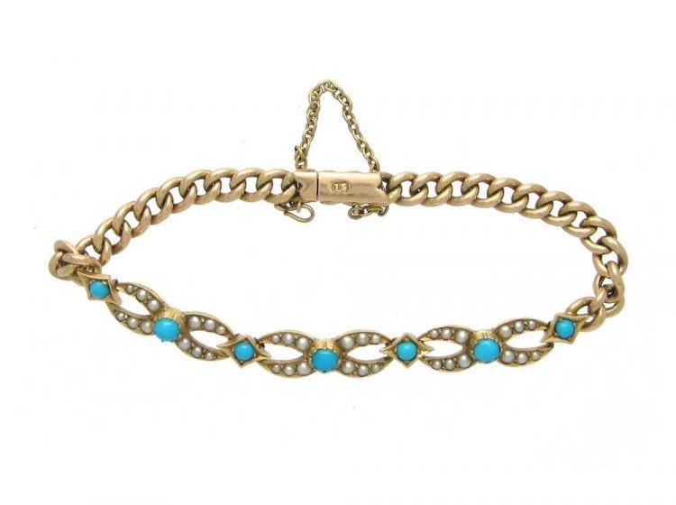 15ct Gold Turquoise & Pearl Curb Link Bracelet