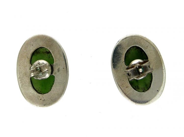 Nephrite Jade & Marcasite Oval Earrings