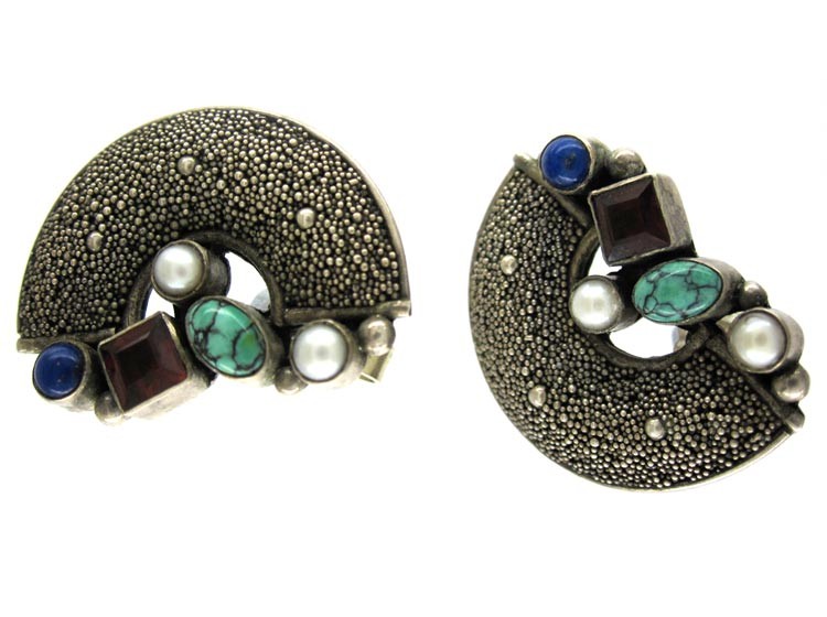 Silver & Mixed Stone German Earrings by Gustave Braendle
