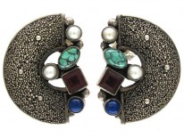 Silver & Mixed Stone German Earrings by Gustave Braendle
