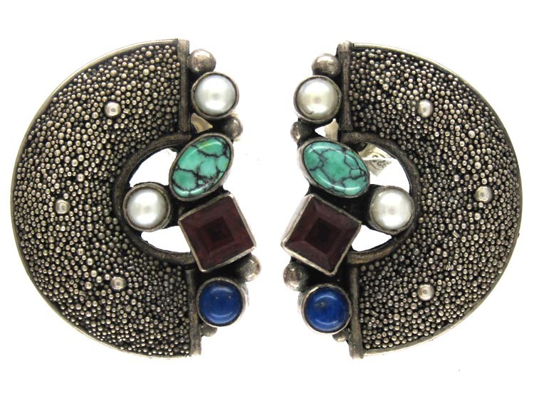 Silver & Mixed Stone German Earrings by Gustave Braendle