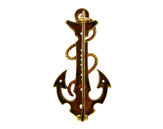 Victorian 15ct Gold Anchor Brooch set with Emeralds & Rose Diamonds