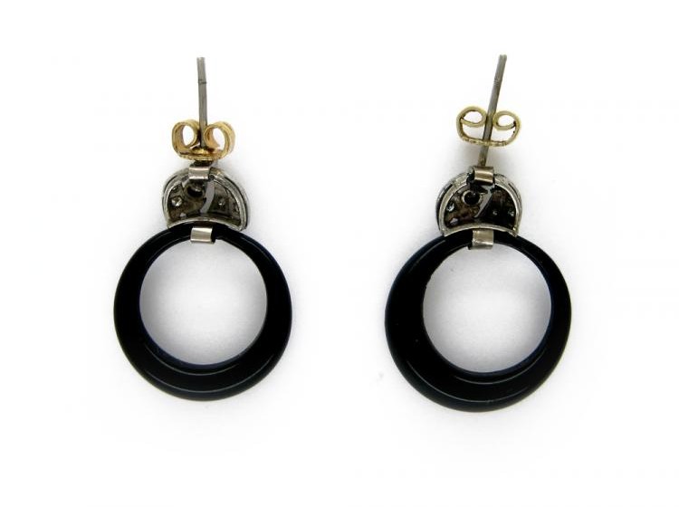 Onyx & Diamond Drop Hoop Earrings