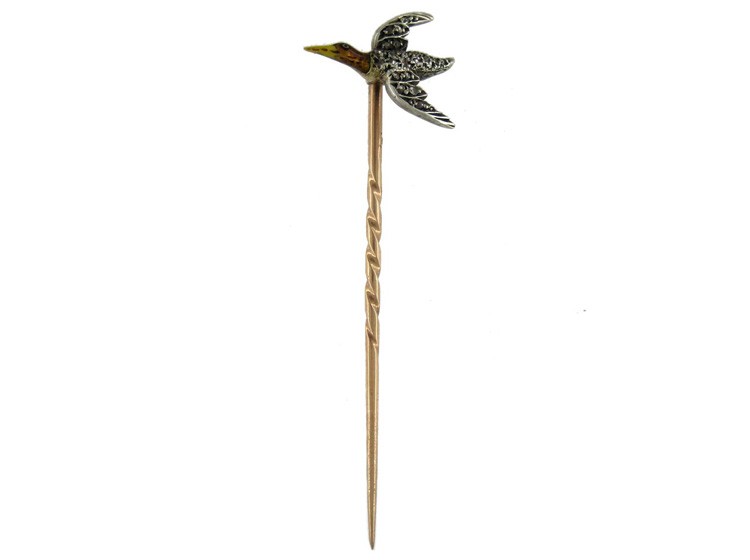 Flying Duck Tie Pin in Gold, Silver, Enamel & Diamond