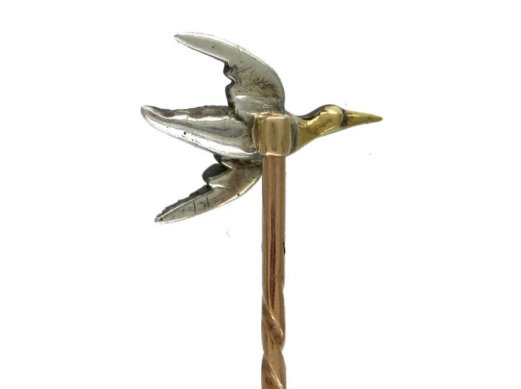 Flying Duck Tie Pin in Gold, Silver, Enamel & Diamond