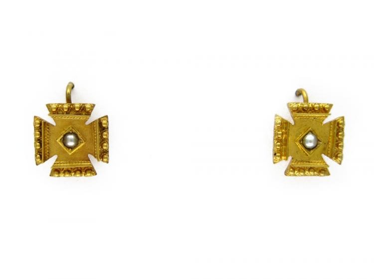 15ct Gold & Pearl Maltese Cross Earrings