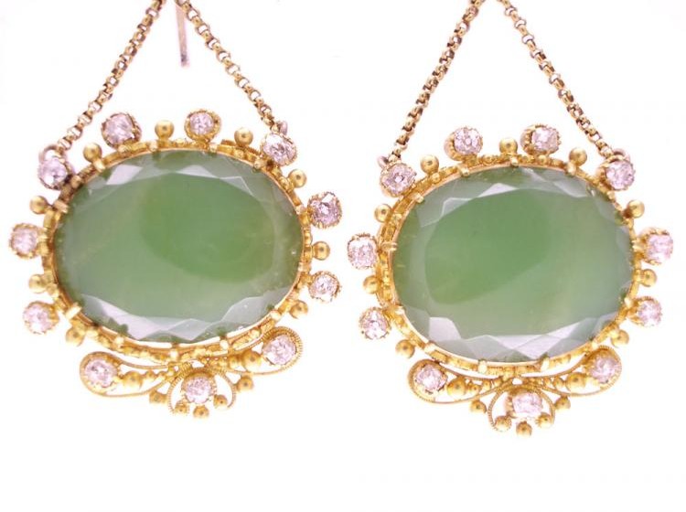 Regency 18ct Gold Diamond & Chrysoprase Drop Earrings