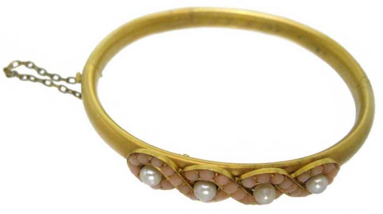 Victorian 18ct Gold, Coral & Natural Split Pearl Bangle
