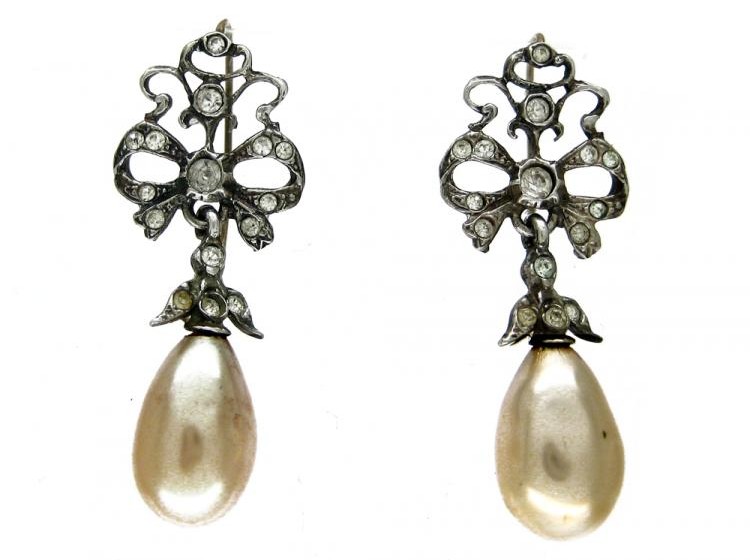 Ornate Silver & Glass Pearl Drop Earrings