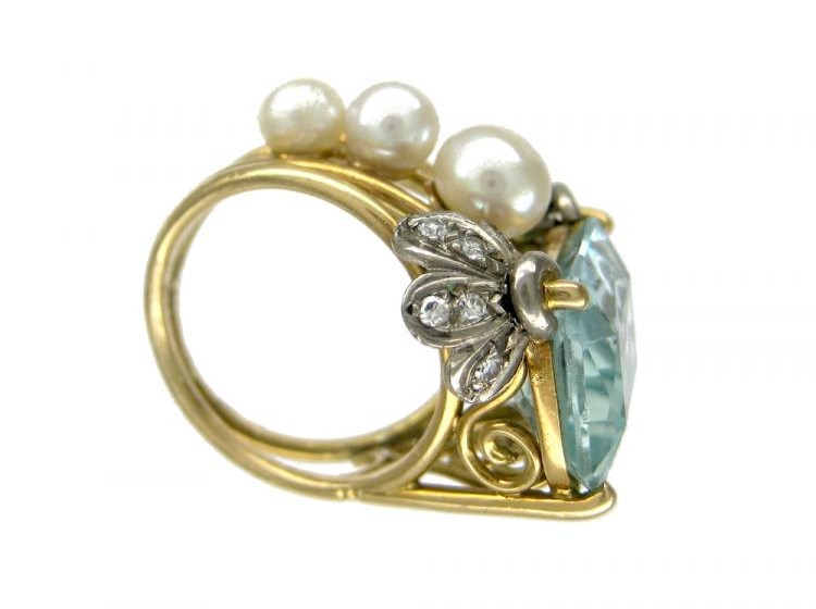 Aquamarine & Pearl Pinky Ring
