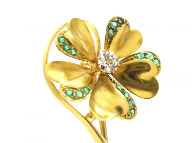 Emerald & Diamond Flower Brooch