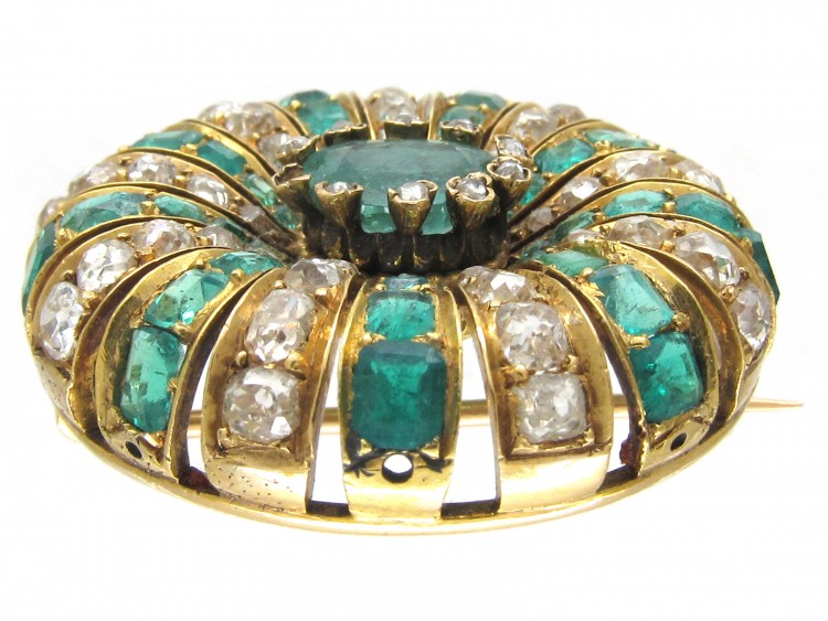 Emerald & Diamond Round Brooch