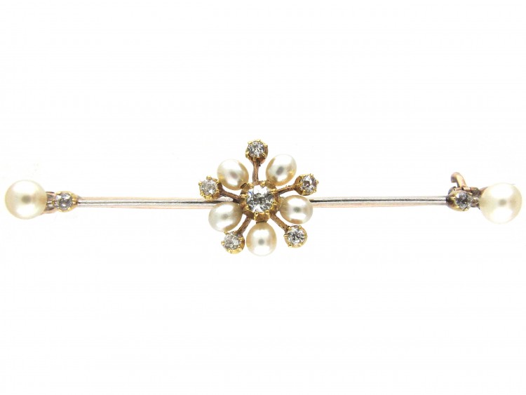 Diamond & Pearl Flower Bar Brooch