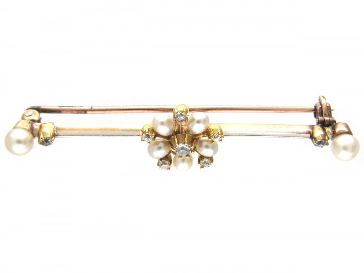 Diamond & Pearl Flower Bar Brooch