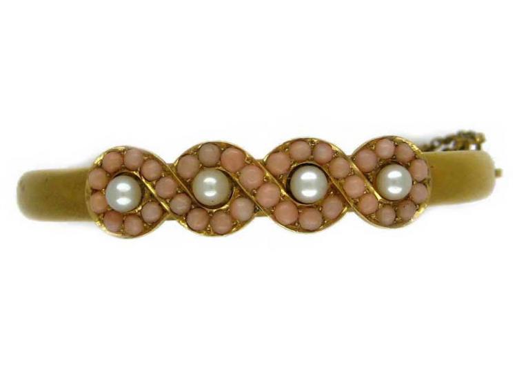 Victorian 18ct Gold, Coral & Natural Split Pearl Bangle