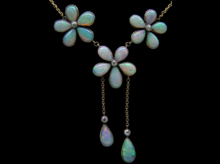 15ct Gold Opal Flower Drop Necklace