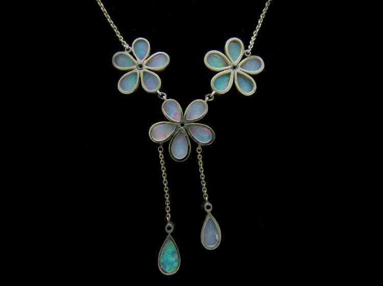 15ct Gold Opal Flower Drop Necklace