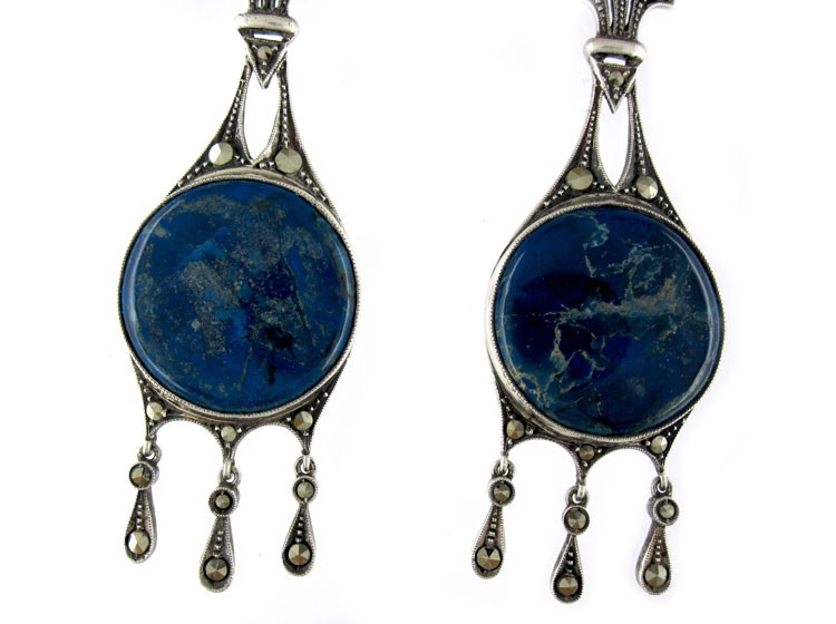 Very Large Art Deco Marcasite Swiss Lapis Earrings