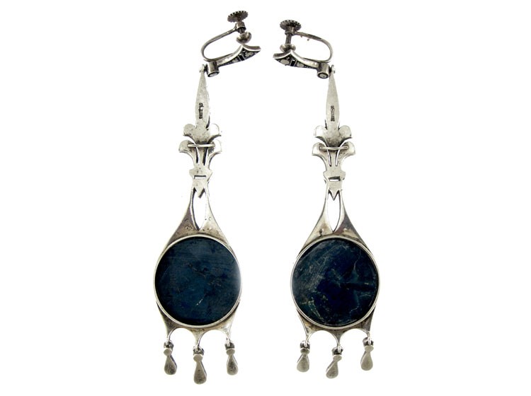 Very Large Art Deco Marcasite Swiss Lapis Earrings