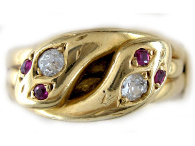 Victorian 18ct Gold Double Snake Ring set with Rubies & Diamonds