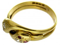 Victorian 18ct Gold Double Snake Ring set with Rubies & Diamonds