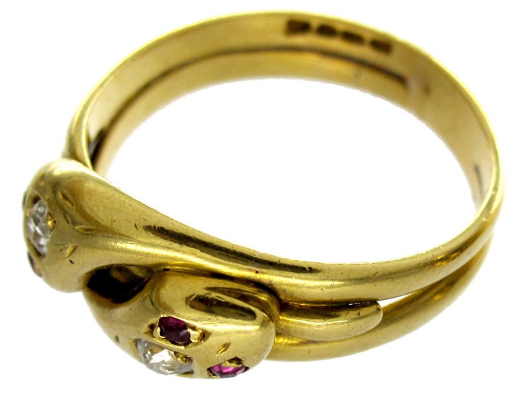 Victorian 18ct Gold Double Snake Ring set with Rubies & Diamonds