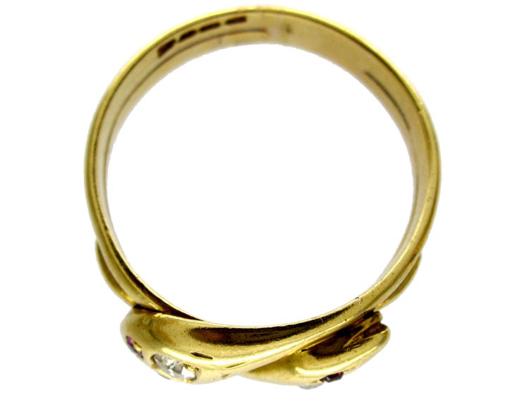 Victorian 18ct Gold Double Snake Ring set with Rubies & Diamonds