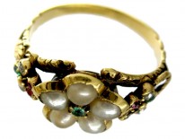 Regency Natural Pearl, Diamond, Ruby & Emerald Cluster Ring