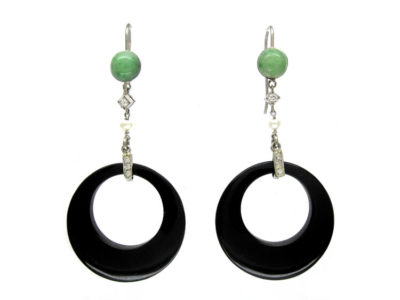 Onyx Diamond & Jade Art Deco Drop Earrings