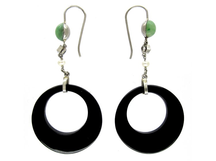 Onyx Diamond & Jade Art Deco Drop Earrings
