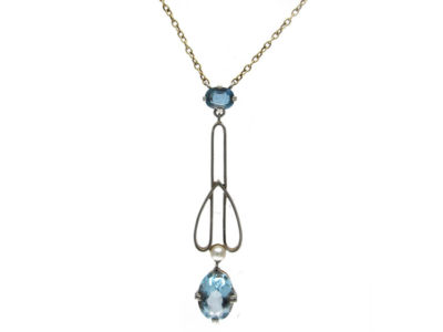 Aquamarine & Pearl 15ct Gold & Platinum Pendant on Chain