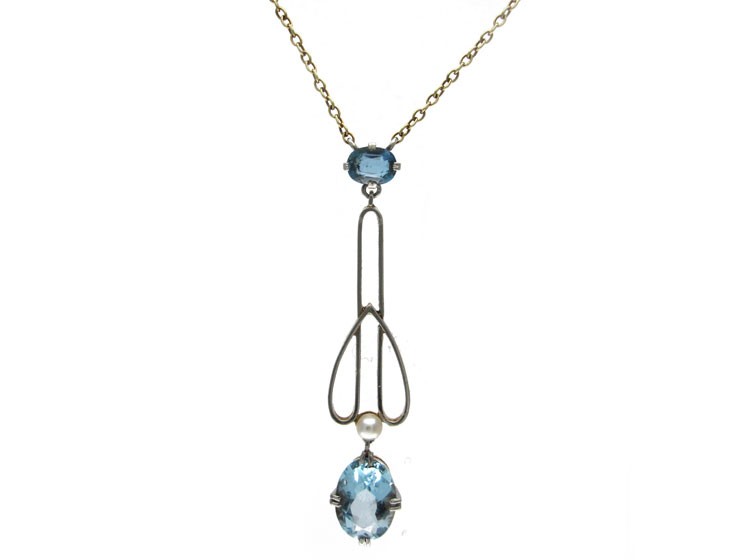 Aquamarine & Pearl 15ct Gold & Platinum Pendant on Chain