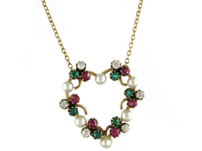 Diamond Emerald Ruby & Natural Pearl Suffragette Pendant