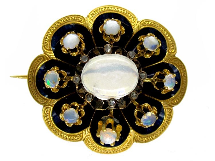 Opal Blue Enamel Rose Diamond Brooch