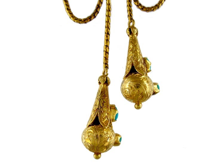 18ct Gold & Turquoise Double Tassle Drop Brooch
