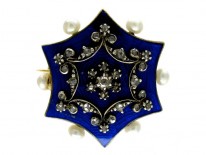 Blue Enamel Rose Diamond & Natural Pearls Brooch