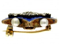 Blue Enamel Rose Diamond & Natural Pearls Brooch