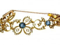 Edwardian 15ct Gold, Blue Zircon & Natural Split Pearl Bracelet