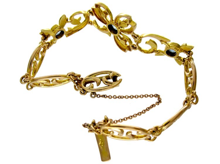 Edwardian 15ct Gold, Blue Zircon & Natural Split Pearl Bracelet