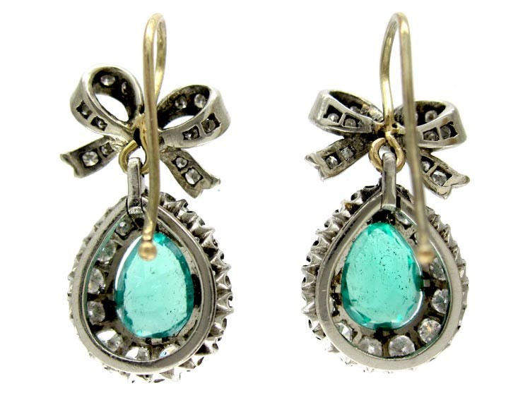 Emerald Diamond Bow & Pear Shape Drop Earrings
